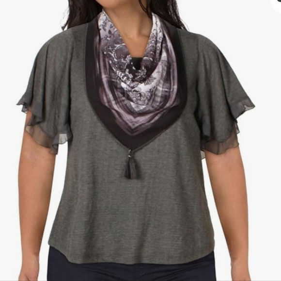 Plus Size Ruffle Short Sleeve Solid Knit Top with Attached Fringe Tassel Scarf - Picture 2 of 11